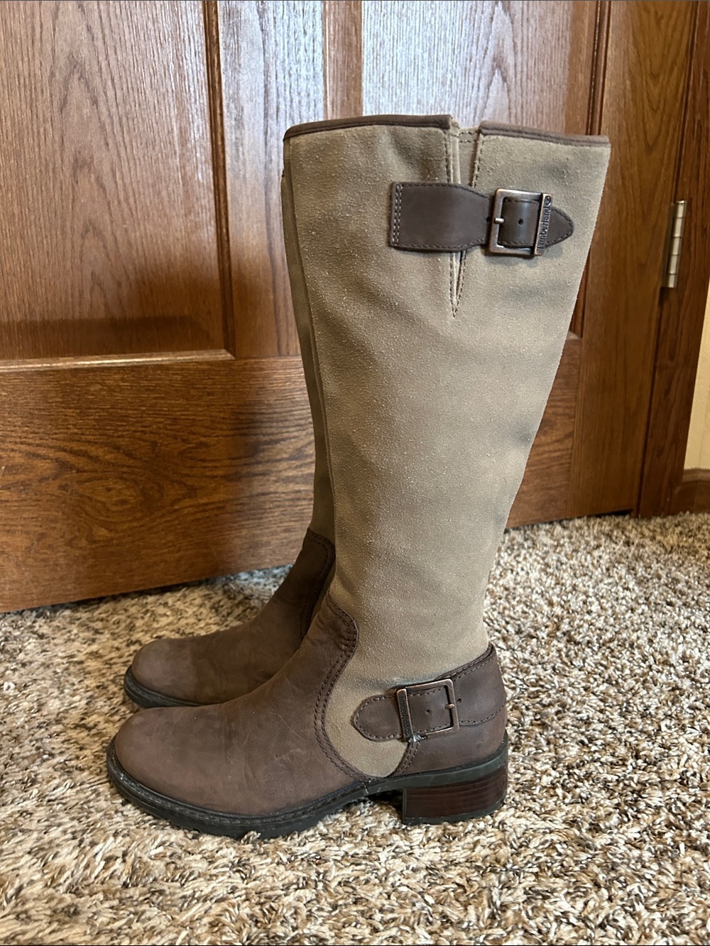 Timberland Tall Leather Riding Boots Women’s Brown Taupe Buckle Moto Equestrian